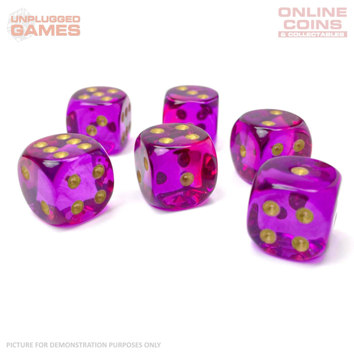 CHESSEX D6 Dice 16mm (12) - Gemini Translucent Red-Violet/Gold Block