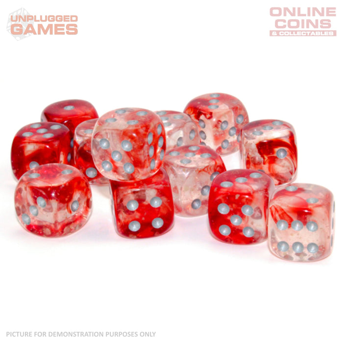 CHESSEX D6 Dice 16mm (12) - Nebula Red/Silver Luminary Block