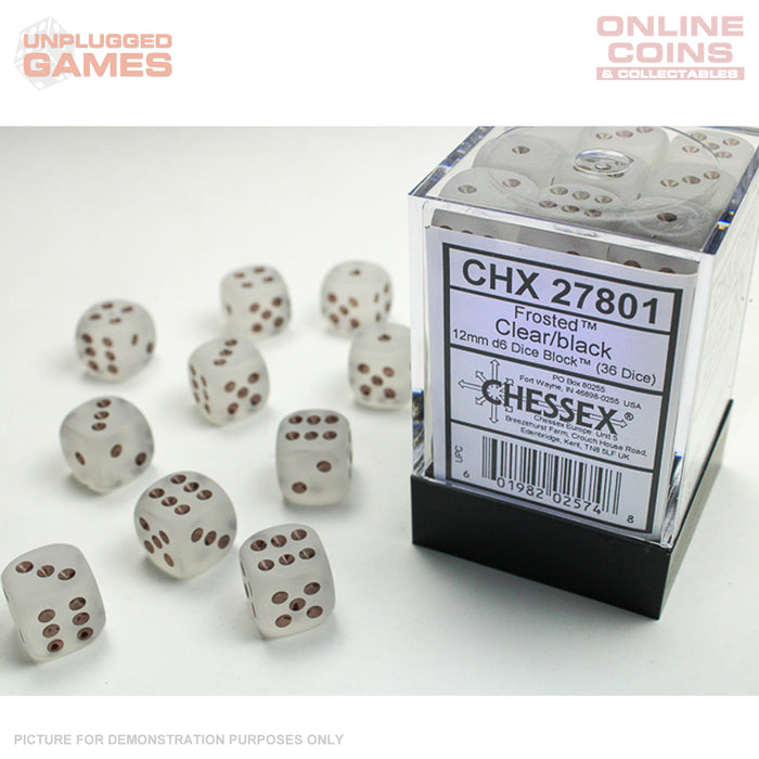 CHESSEX Frosted 12mm d6 Clear/Black Block (36)