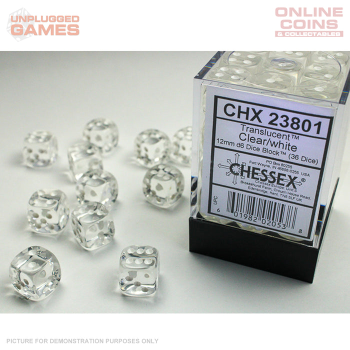 CHESSEX Translucent 12mm d6 Clear/White Block (36)