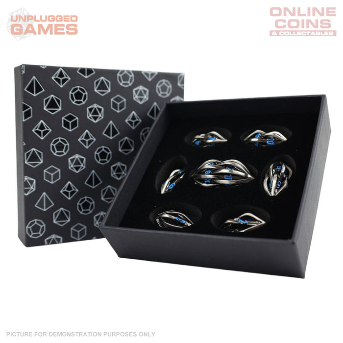 LPG Dice RPG Set Hollow Elliptic - Stainless and Blue