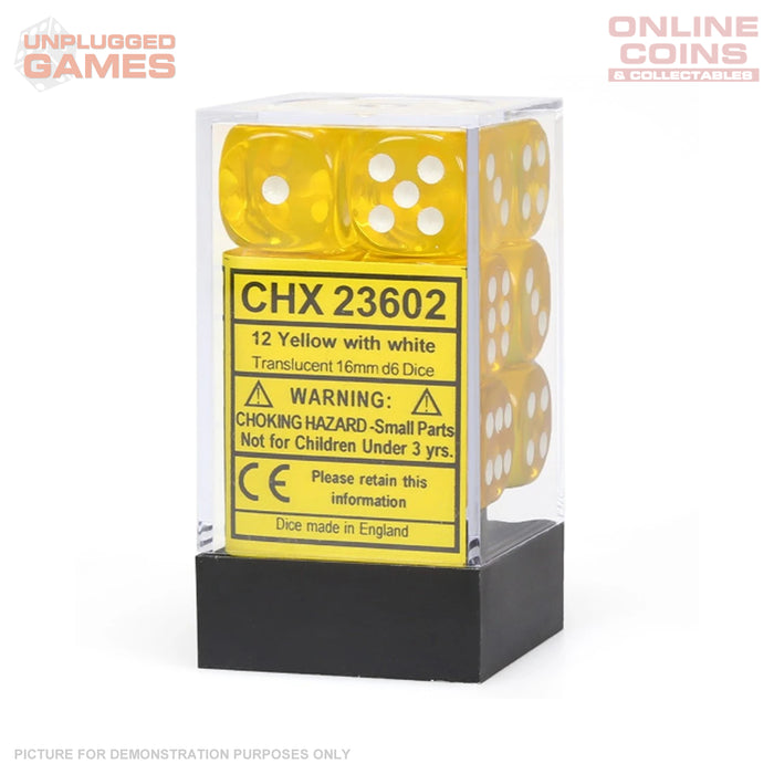 Chessex Translucent Yellow/white 16mm d6 Dice Block (12 dice)