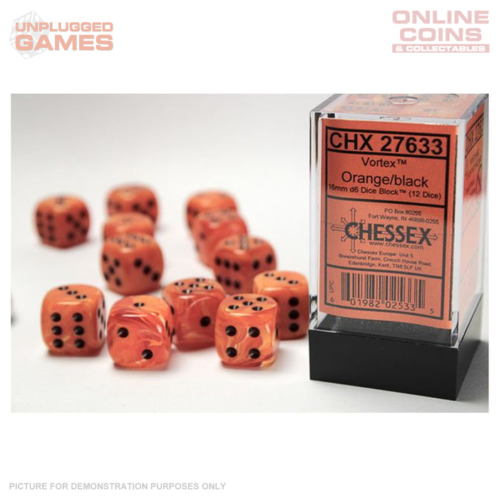 Chessex Vortex Orange/black 16mm d6 Dice Block (12 dice)