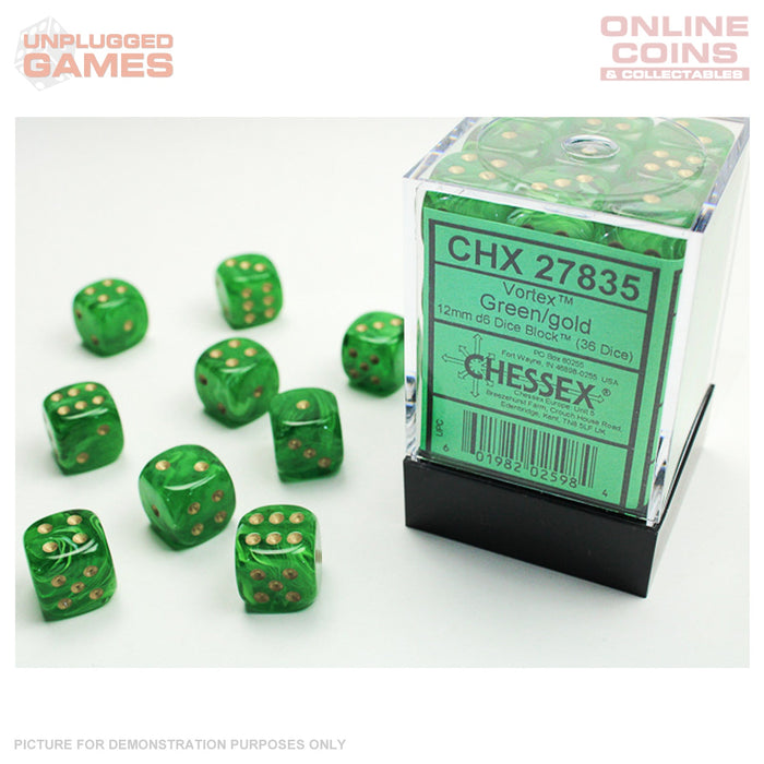 Chessex Vortex Green/gold 12mm d6 Dice Block (36 dice)