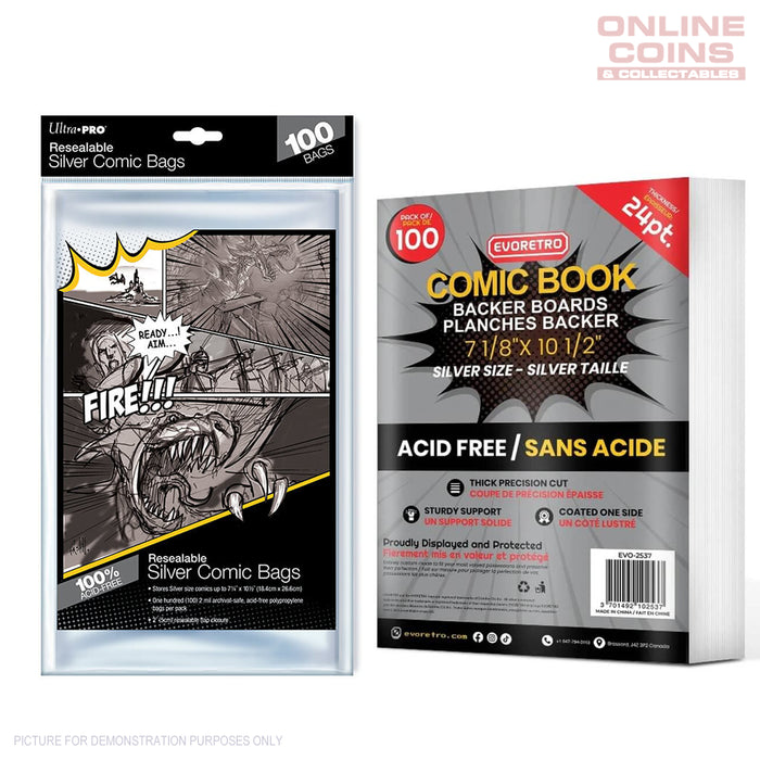 COMIC COMBO - ULTRA PRO EVORETRO - RESEALABLE SILVER Size Comic Bags & Backing Boards x 100