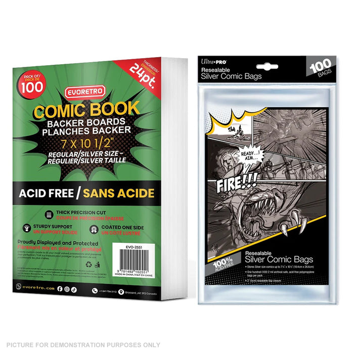 COMIC COMBO - ULTRA PRO EVORETRO - RESEALABLE SILVER Size Comic Bags & Backing Boards x 100